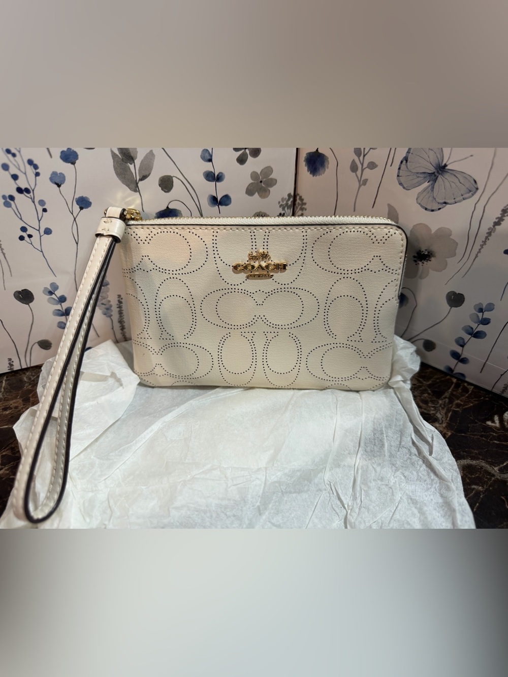 Coach Cream Perforated Signature Leather Wristlet with Gold Logo NWT